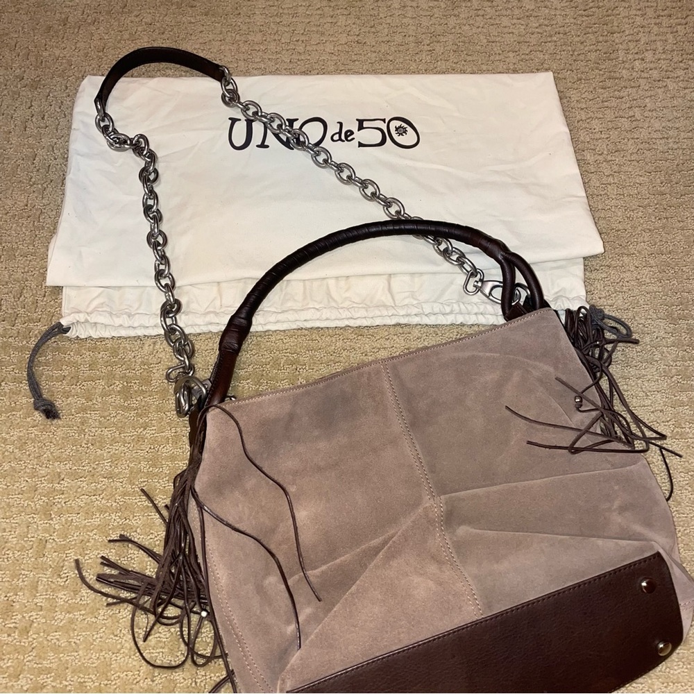Uno de 50 Authentic Leather Suede Taupe Tote with Fringe Accents Chain Strap